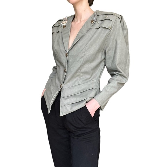 Women's 90’s Olive Green Blazer with Embellished Shoulders - Picture 2 of 3